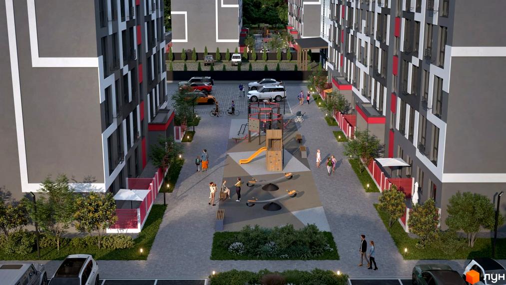 Житловий комплекс Рідний-3 з сірими фасадами та червоними елементами, дитячим майданчиком та місцями для паркування.