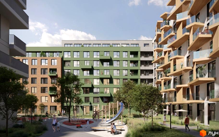 Житловий комплекс Viking Gardens з фасадами з дерева та зеленою обшивкою, з дитячим майданчиком та зонами відпочинку на території.