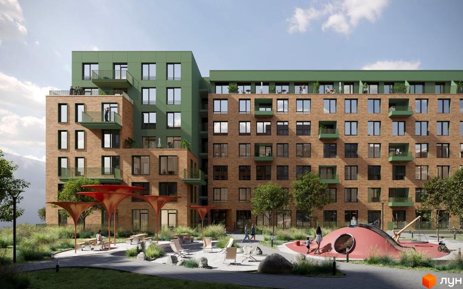 Житловий комплекс Viking Gardens з цегляним фасадом та зеленими балконами. На прибудинковій території дитячий майданчик та зони відпочинку.