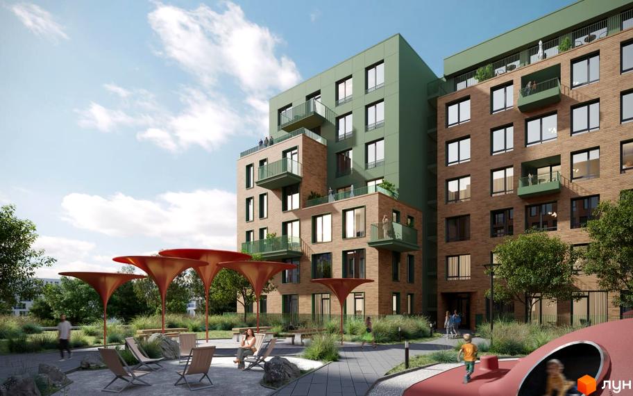 Житловий комплекс Viking Gardens з цегляним фасадом та зеленими елементами, прибудинкова територія з зонами відпочинку та дитячим майданчиком.