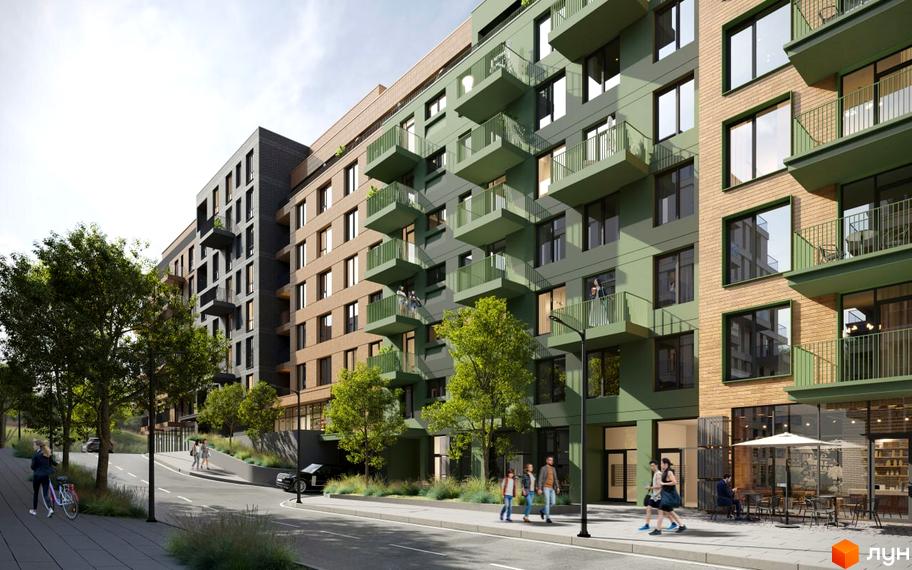 Зовнішній вигляд житлового комплексу Viking Gardens з фасадами зеленого та цегляного кольору, балконами та прибудинковою територією з деревами та місцями для відпочинку.