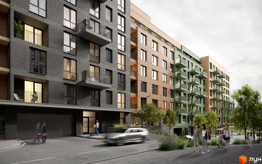 Зовнішній вигляд житлового комплексу Viking Gardens з цегляним фасадом та зеленими балконами. На прибудинковій території розташовані дерева та пішохідні доріжки.