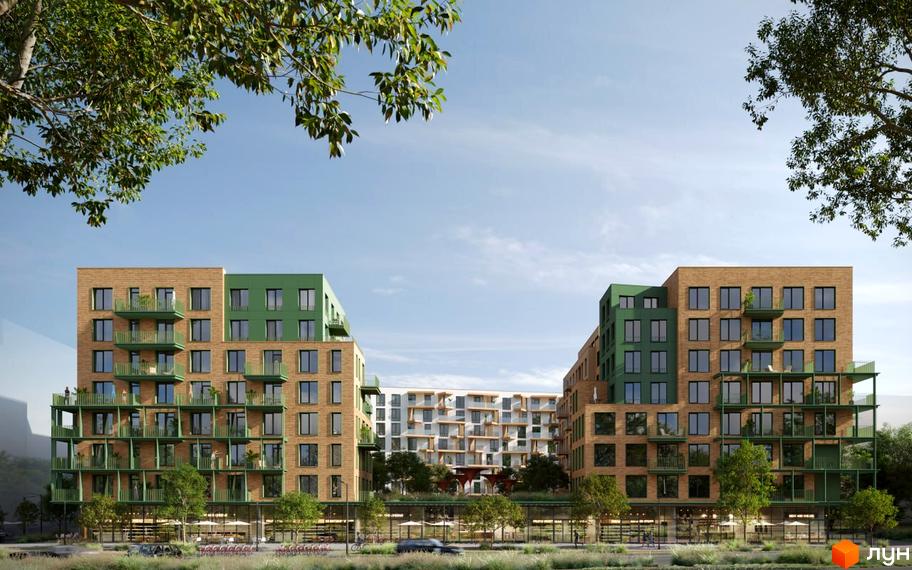 Житловий комплекс Viking Gardens з цегляним фасадом та зеленими балконами на тлі блакитного неба. Навколо комплексу розташовані дерева та зелені насадження.