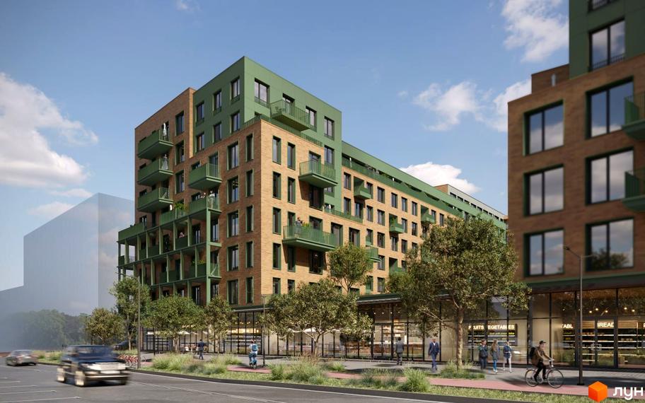 Зовнішній вигляд житлового комплексу Viking Gardens з цегляним фасадом та зеленими балконами, що виходить на вулицю з магазинами та пішохідною зоною.