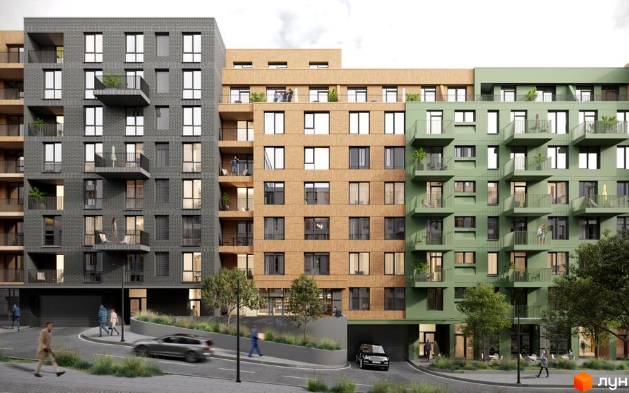 Зовнішній вигляд житлового комплексу Viking Gardens: три секції різної висоти та кольору фасаду, з балконами та вікнами. Прибудинкова територія з дорогою, деревами та людьми.