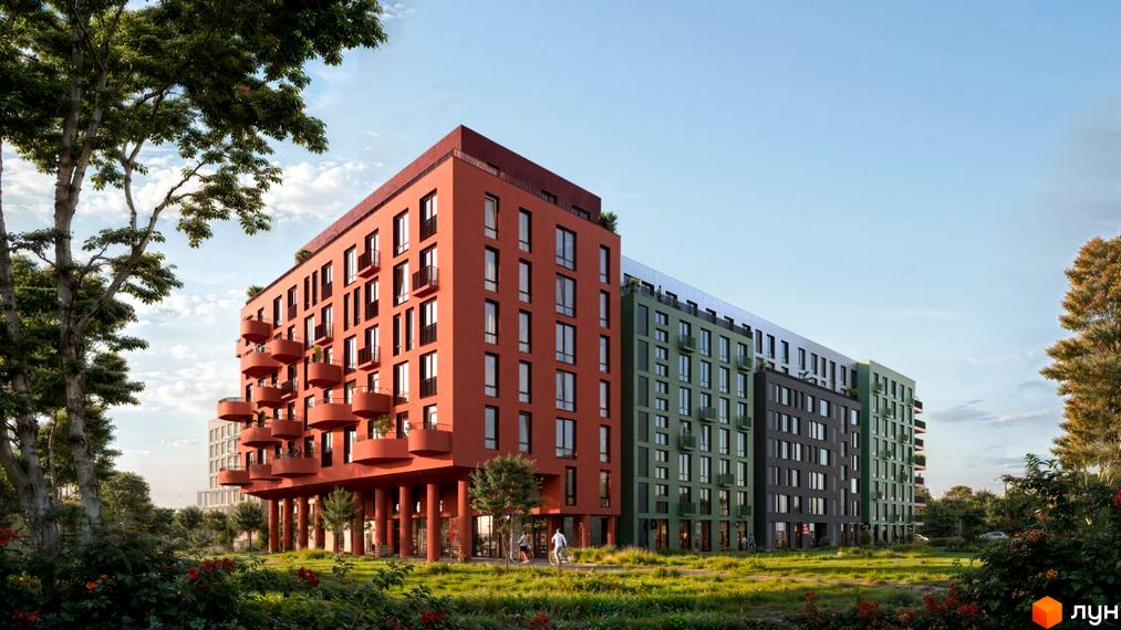 Житловий комплекс Viking Gardens з фасадами цегляного та зеленого кольору на тлі неба та дерев. Навколо комплексу зелена зона з квітами та деревами.