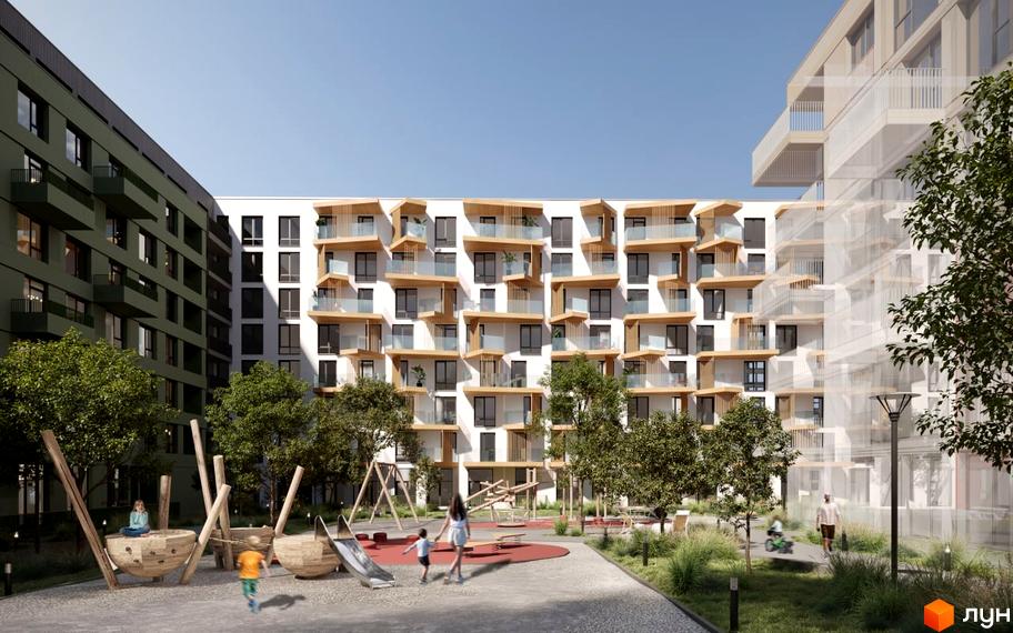 Житловий комплекс Viking Gardens з білими фасадами та дерев'яними елементами. На прибудинковій території дитячий майданчик та зелені насадження.