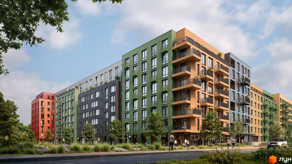 Зовнішній вигляд житлового комплексу Viking Gardens з різнокольоровими фасадами та балконами. Навколо новобудови зелена зона з деревами та кущами.