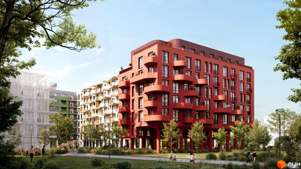Житловий комплекс Viking Gardens з червоною фасадною частиною та балконами, що виступають. Навколо зелена зона з деревами та дитячим майданчиком.