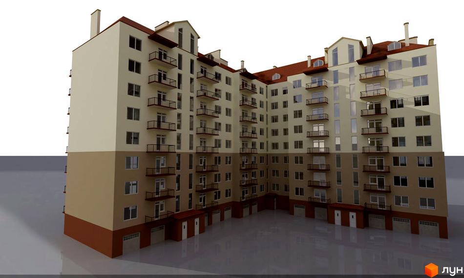 Зображення фасаду та двору Житлового комплексу на вулиці Незалежності, 150. Багатоповерхова будівля з балконами та червоним дахом.