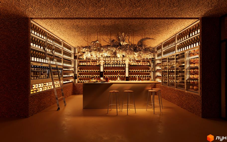 Інтер'єр винного погребу з численними стелажами, заповненими пляшками вина, та барною стійкою з високими стільцями. Загальна атмосфера затишку та розкоші.