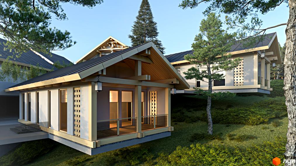 Будівельний проєкт FOMICH TOWN у лісовій місцевості. Зовнішній вигляд будинків у японському стилі з дерев'яними елементами та великими вікнами на тлі зеленого ландшафту.