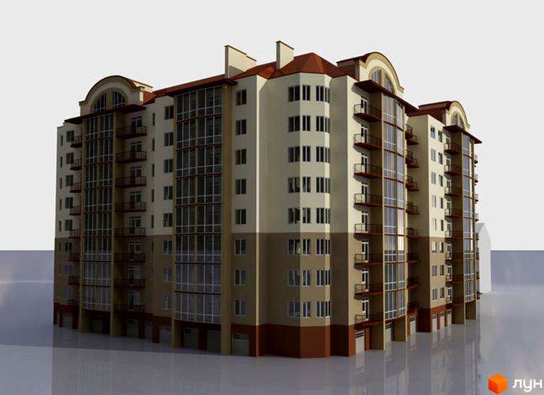 Зображення фасаду багатоповерхового будинку на вул. Незалежності, 150. Архітектура комплексу з балконами та великими вікнами.