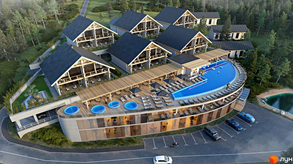 Житловий комплекс FOMICH TOWN з басейном та зонами відпочинку, розташований серед дерев. На території комплексу є будинки з терасами та парковка.