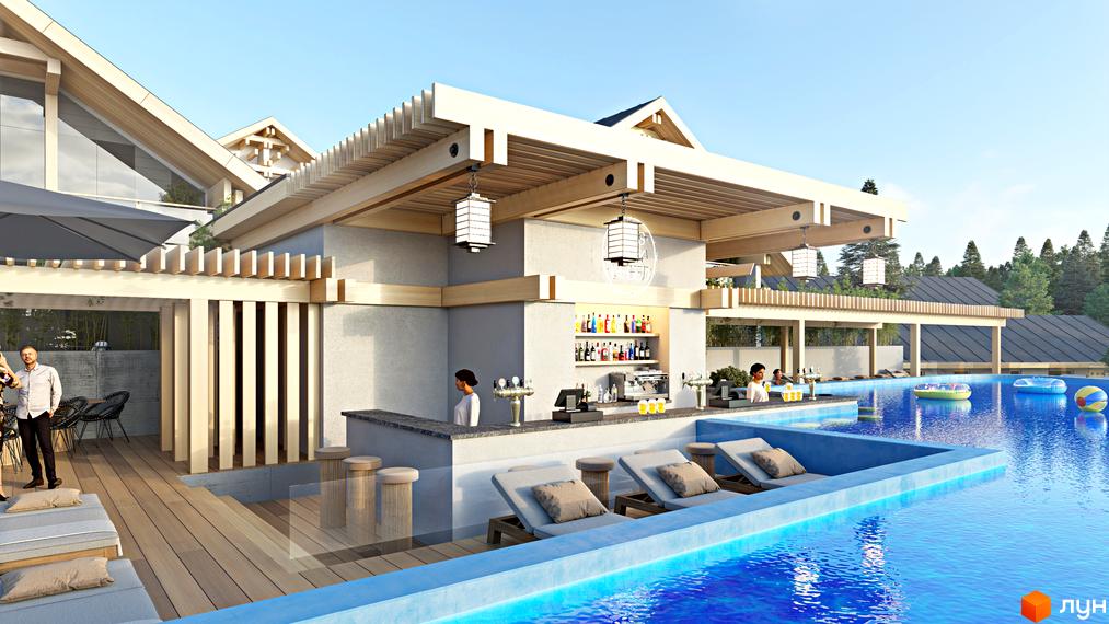 FOMICH TOWN: комплекс з баром біля басейну та зонами відпочинку на дерев'яній терасі. Навколо зелені дерева та блакитне небо.