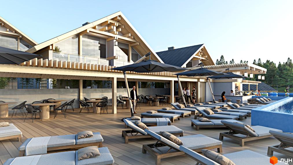 FOMICH TOWN: сучасний житловий комплекс з басейном та зоною відпочинку на терасі. Насолоджуйтесь відпочинком біля води та мальовничими краєвидами.