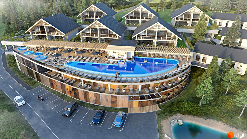 FOMICH TOWN: комплекс з басейном та зонами відпочинку на терасі. Навколо комплексу розташовані будинки та зелена зона з озером.