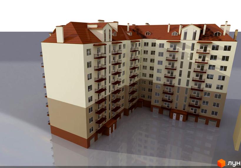 Зображення фасаду будинку за адресою вул. Незалежності, 150. Багатоповерхова будівля з балконами та червоним дахом.