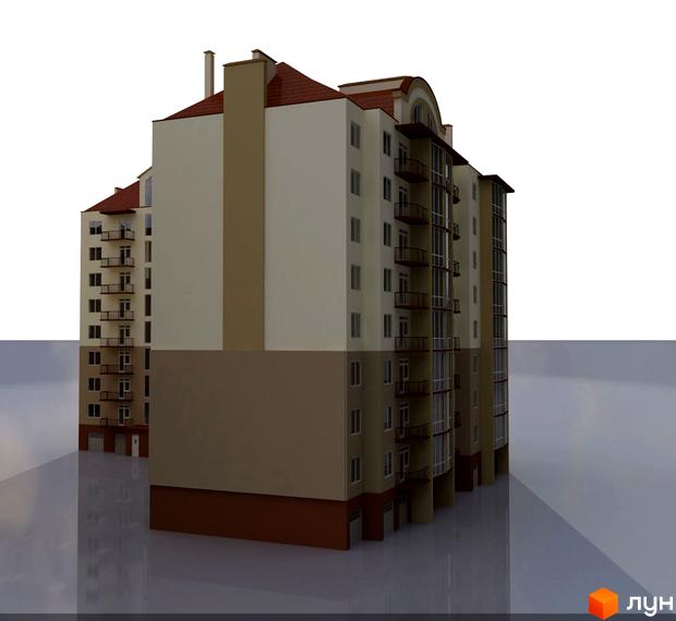 Зображення фасаду будинку на вулиці Незалежності, 150. Багатоповерхова будівля з балконами та червоним дахом.