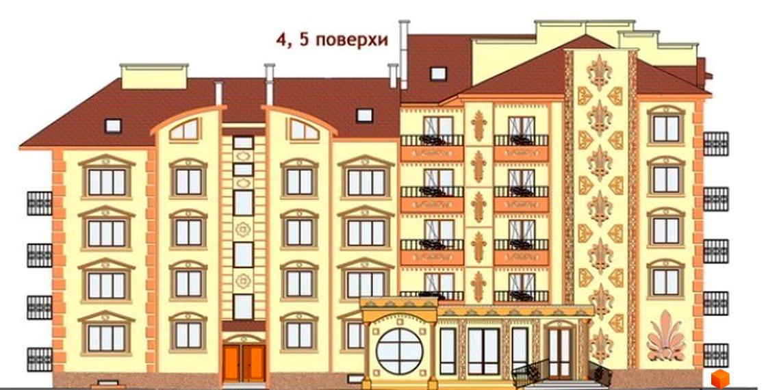 Зображення фасаду житлового будинку на вулиці Довженка, 27г. Багатоповерхова будівля з вікнами та балконами, розташована в житловому районі.