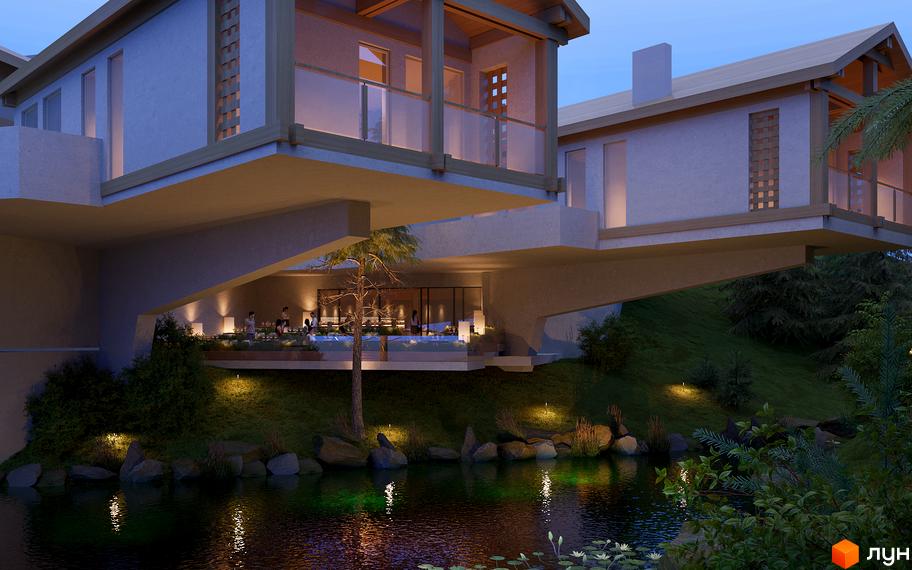 Котеджне містечко КМ FOMICH TOWN з оригінальною архітектурою та басейном біля водойми. Оточений зеленню та освітлений вечірніми вогнями.