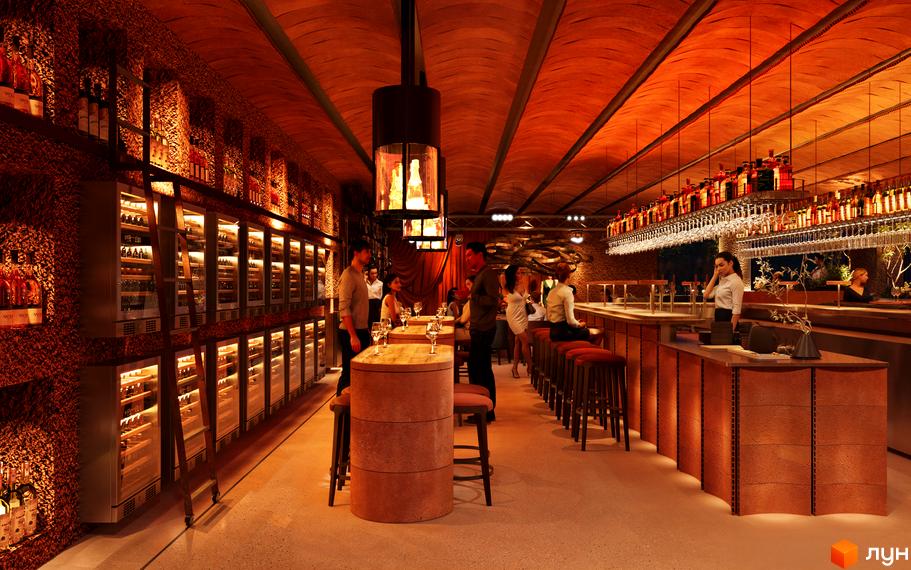 Інтер'єр винного ресторану з винними шафами, барною стійкою та людьми. КМ FOMICH TOWN – це новий будівельний проєкт для вашого комфортного життя.