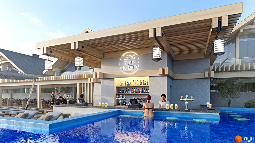 Котеджне містечко FOMICH TOWN з баром біля басейну та зонами відпочинку. Сучасна архітектура комплексу з дерев'яними елементами та великими вікнами.