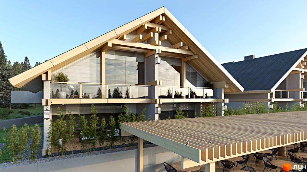 Котеджне містечко КМ FOMICH TOWN з дерев'яними елементами та скляними фасадами, оточене зеленими насадженнями та лісом.