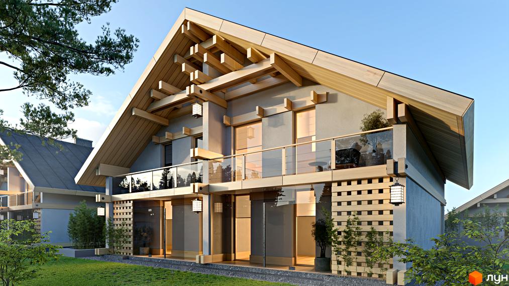 Котеджне містечко FOMICH TOWN: двоповерховий будинок з дерев'яними елементами та скляним балконом на тлі блакитного неба. Прибудинкова територія з газоном та деревами.