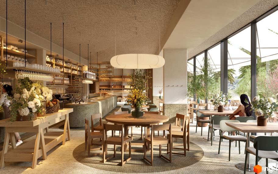 Інтер'єр ресторану у житловому комплексі КМ FOMICH TOWN з дерев'яними меблями та великими вікнами, що виходять на зелену зону. Сучасний дизайн простору для відпочинку та зустрічей.