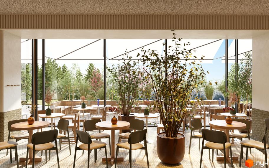 Інтер'єр кафе з великими вікнами та видом на зелені насадження. Затишні столики та крісла створюють приємну атмосферу для відпочинку.