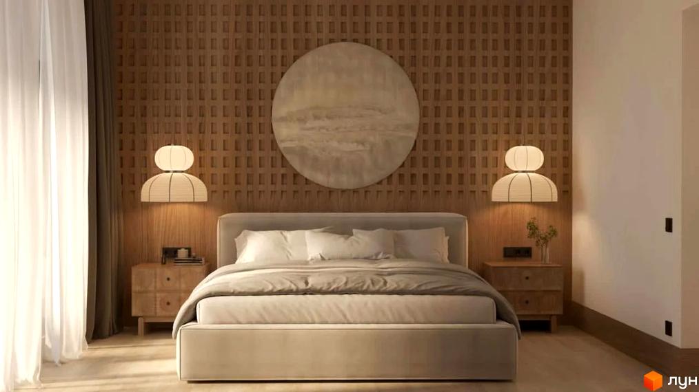 Спальня в будинку КМ FOMICH TOWN з дерев'яною стіною та круглим декором. Затишна атмосфера та сучасний дизайн.