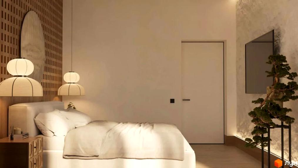 Інтер'єр спальні у житловому комплексі КМ FOMICH TOWN. Затишна атмосфера з двома підвісними світильниками та ліжком з білою постіллю.