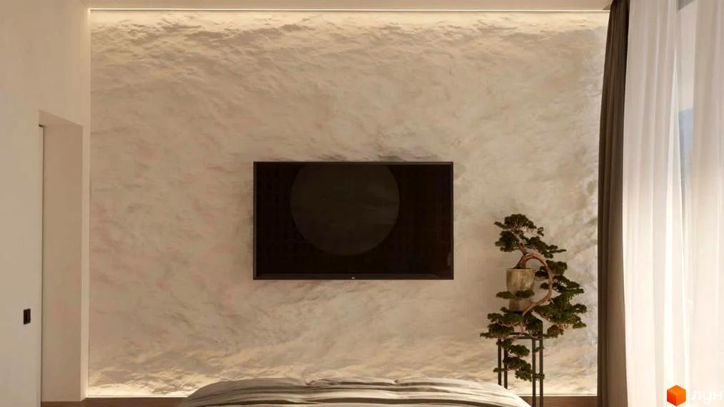 Інтер'єр спальні з телевізором на стіні та декоративною рослиною. КМ FOMICH TOWN – це котеджне містечко для комфортного життя.