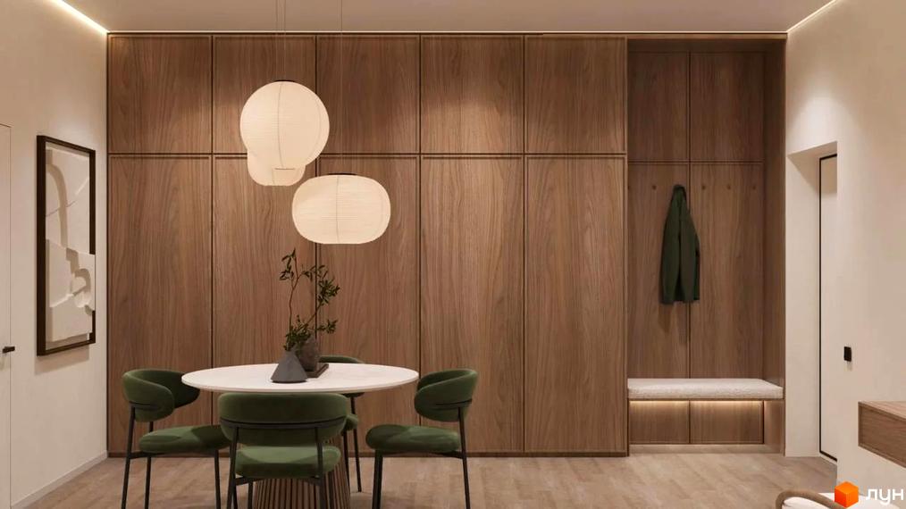 Інтер'єр квартири в КМ FOMICH TOWN з обіднім столом та дизайнерськими світильниками. Ознайомтеся з плануваннями та цінами на сайті.