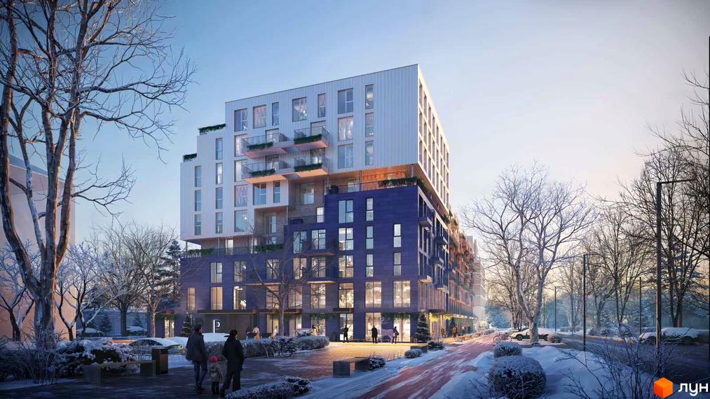 Багатоповерховий будинок ЖК Newton з фасадом у світлих та синіх тонах, взимку. На території сніг, дерева та люди.