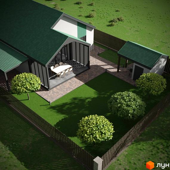 Котеджне містечко КМ Focus Village з зеленим дахом та прибудинковою територією з газоном та деревами. Зовнішній вигляд будинку та двір.