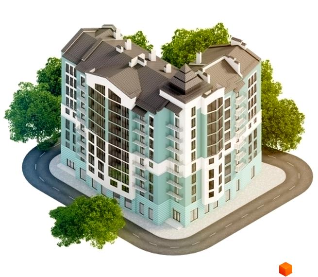 Зображення багатоповерхового будинку з сірим дахом та зеленими деревами навколо. Житловий комплекс на вулиці Чорновола, 67-69 з облаштованою прибудинковою територією.