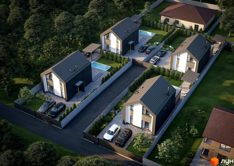 Котеджне містечко Barn Hills: двоповерхові будинки з темними дахами та білими фасадами, басейни та паркомісця на приватній території.