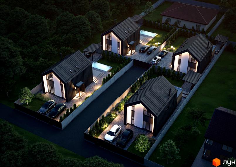 Котеджне містечко Barn Hills: сучасні будинки з чорними фасадами та білими акцентами, огороджена територія з басейнами та парковкою.