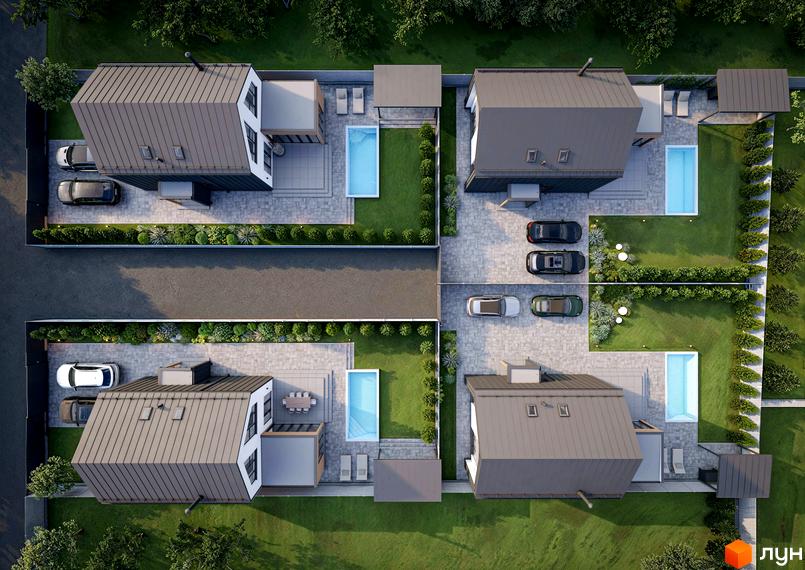 Котеджне містечко Barn Hills: вид зверху на котеджі з металевими дахами, басейнами та прибудинковою територією з газоном та деревами.