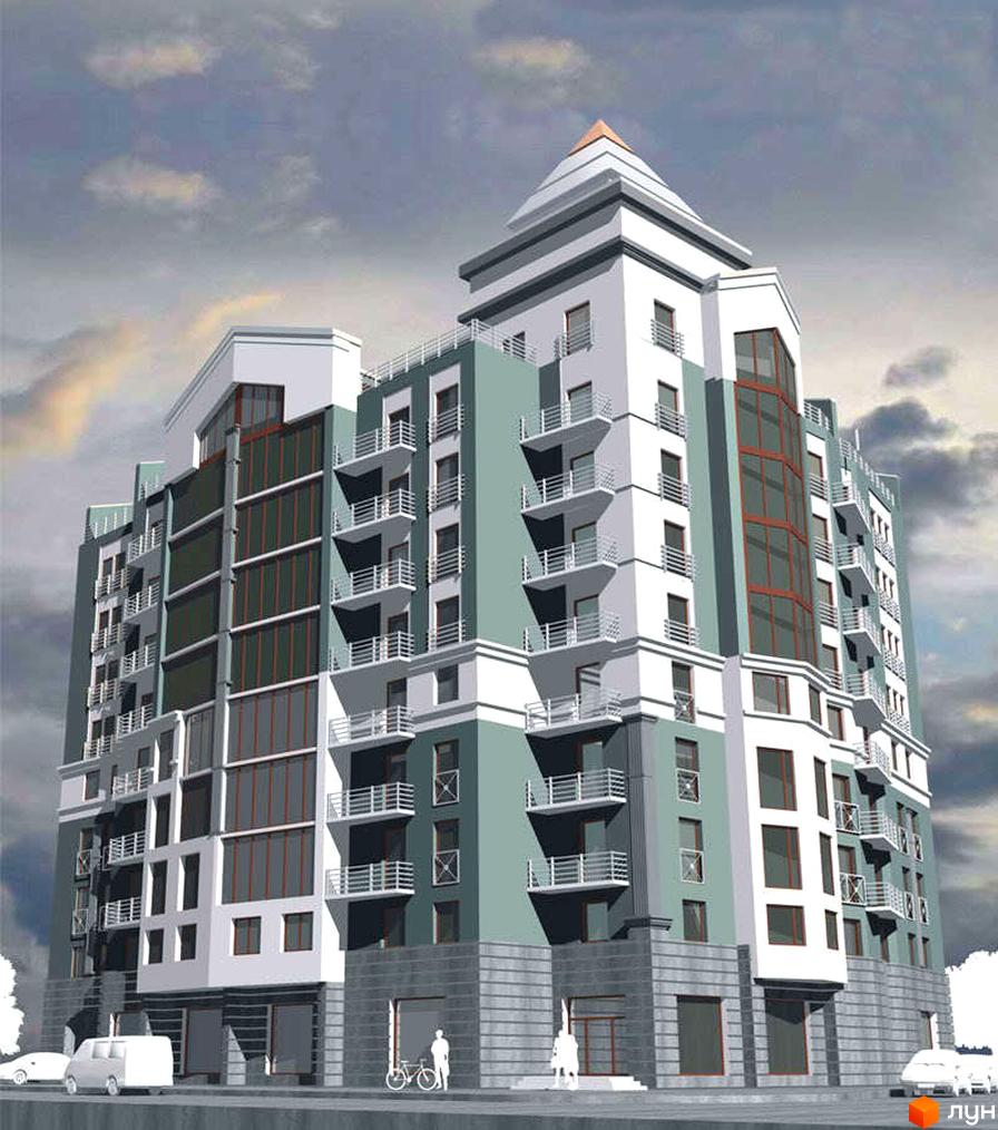 Зображення житлового комплексу по вул. Чорновола, 67-69. Багатоповерхова будівля з балконами, сіро-білий фасад, на передньому плані припарковані автомобілі.