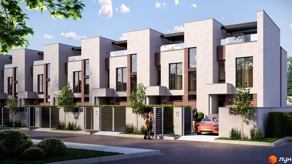 Таунхауси FAMILY PARK RESIDENCE BC. Зовнішній вигляд триповерхових будинків з великими вікнами та цегляними вставками, прибудинкова територія з парканом та деревами.