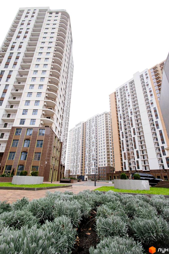 Високі білі будинки ЖК KADORR City з балконами та коричневим оздобленням нижньої частини, зелена прибудинкова територія з кущами.