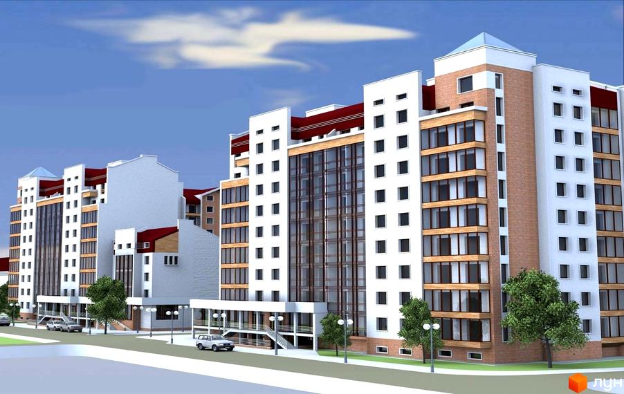 Зображення фасаду та прибудинкової території Житлового комплексу Затишна оселя. Багатоповерховий будинок з великими вікнами та зеленими насадженнями.