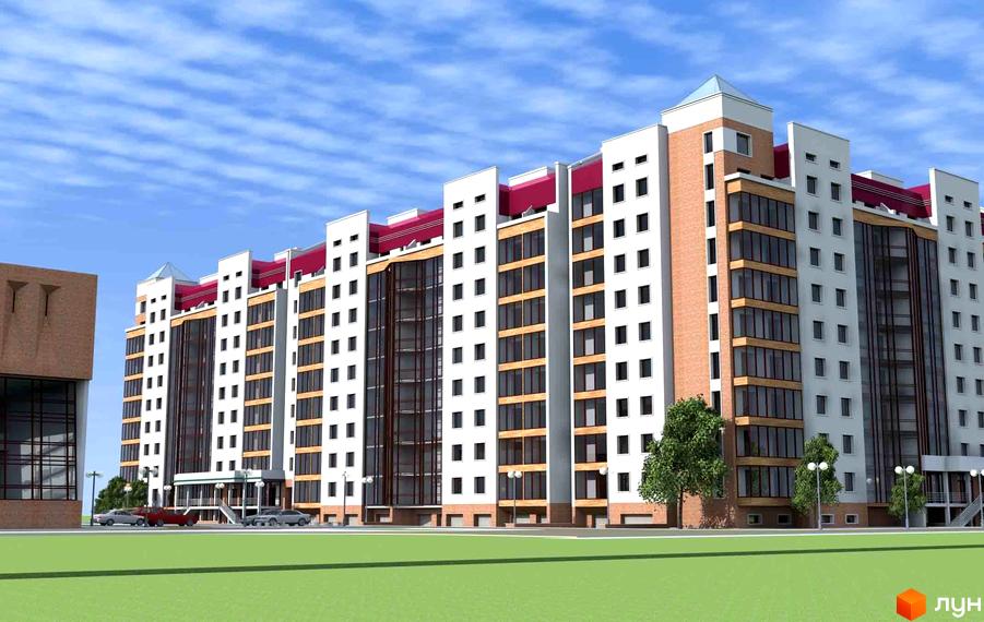 Зображення сторінки Житлового комплексу Затишна оселя. Багатоповерховий будинок з великими вікнами та червоним дахом, перед будинком зелений газон.