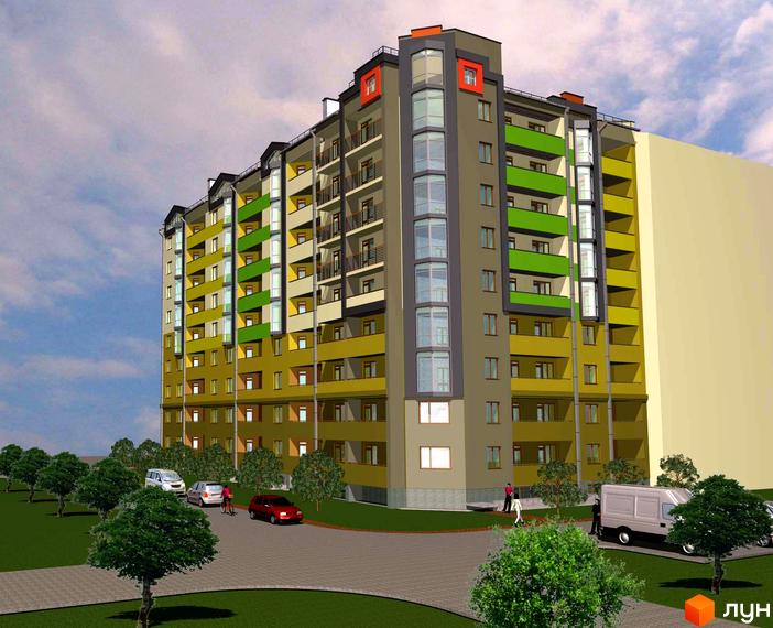 Зображення фасаду та прибудинкової території Житлового комплексу Затишна оселя. Багатоповерховий будинок з балконами та зеленими насадженнями.