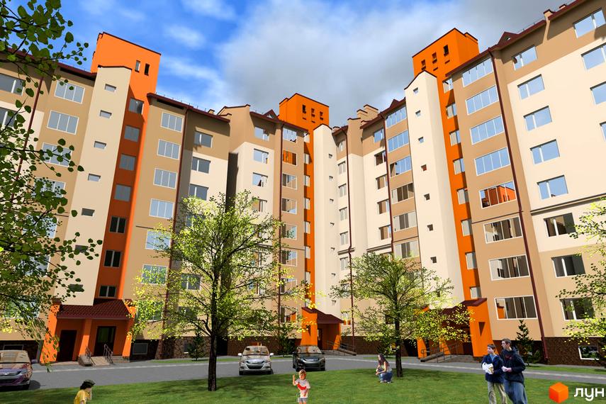 Зображення фасаду та прибудинкової території Житлового комплексу Затишна оселя. Багатоповерховий будинок з газоном, деревами та парковкою.