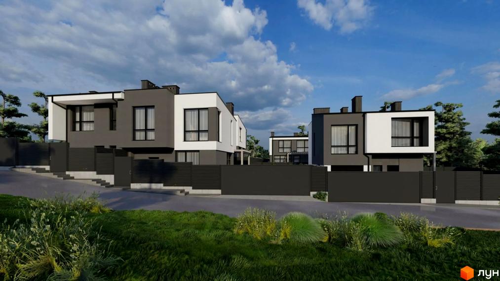 Зовнішній вигляд котеджного містечка КМ Etalon Hillside з сучасними будинками та огородженою територією. Навколо зелена зона з травою та деревами.