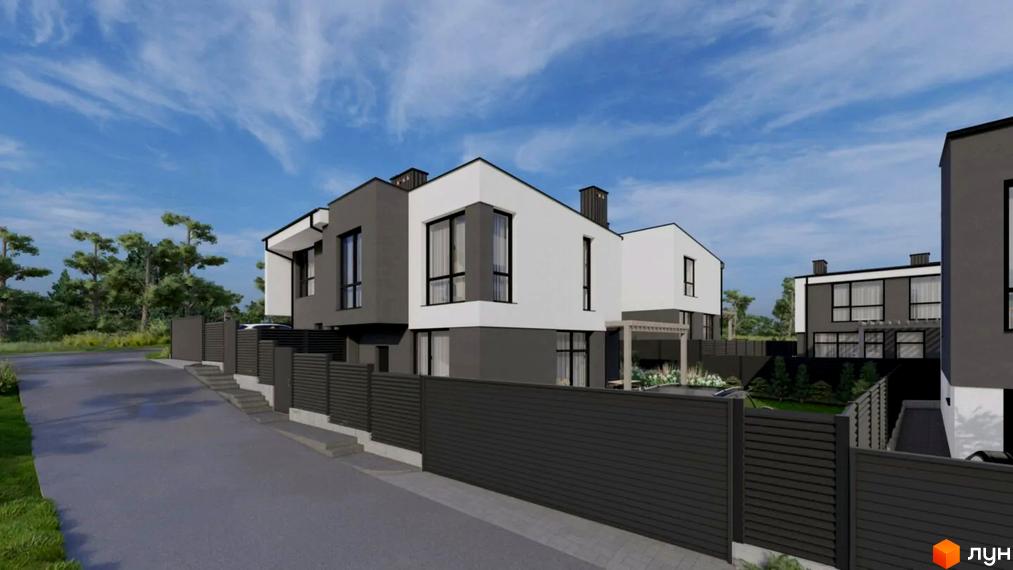 Котеджне містечко Etalon Hillside. Зовнішній вигляд будинків з великими вікнами та темними парканами, прибудинкова територія з деревами та дорогою.